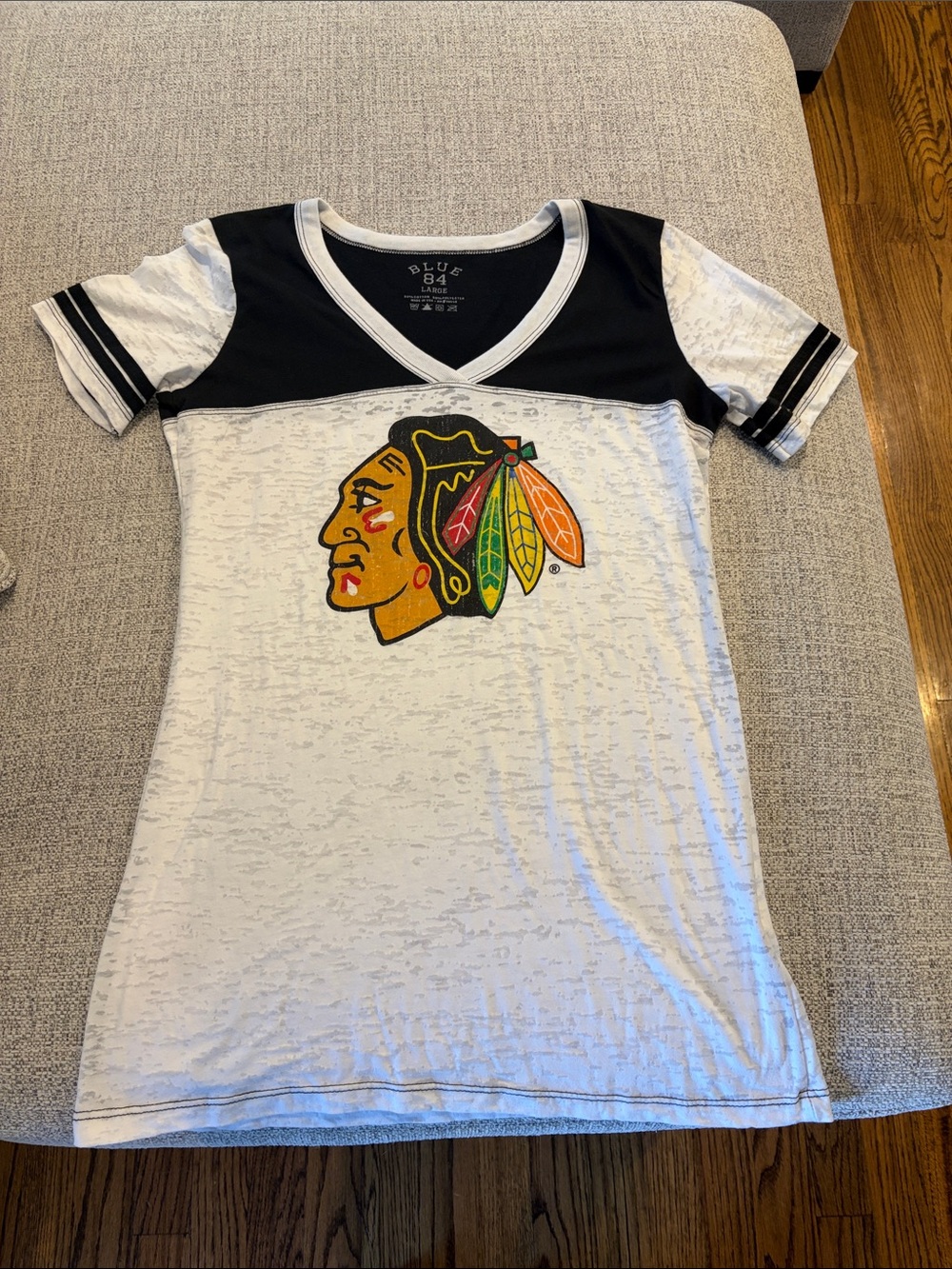 Blue 84 Chicago Blackhawks Women's White V-Neck Tee